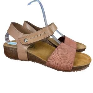 OTBT Forever Florence Leather Low Wedge Sandals Beige Ankle Strap Shoes sz 6 M
